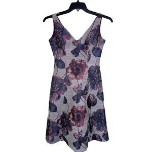 Adrianna Papell Vneck Sleeveless Purple Floral Beaded A Line Dress Size 2P